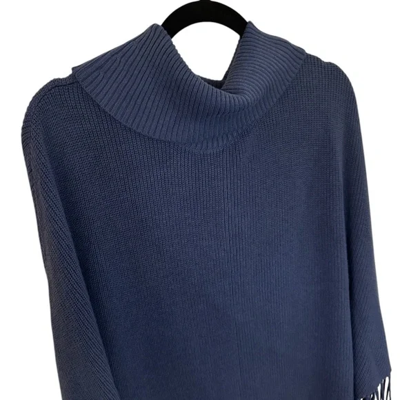 Soft Blue Poncho Sweater with Cowl Neck and Fringe - Picture 2 of 8